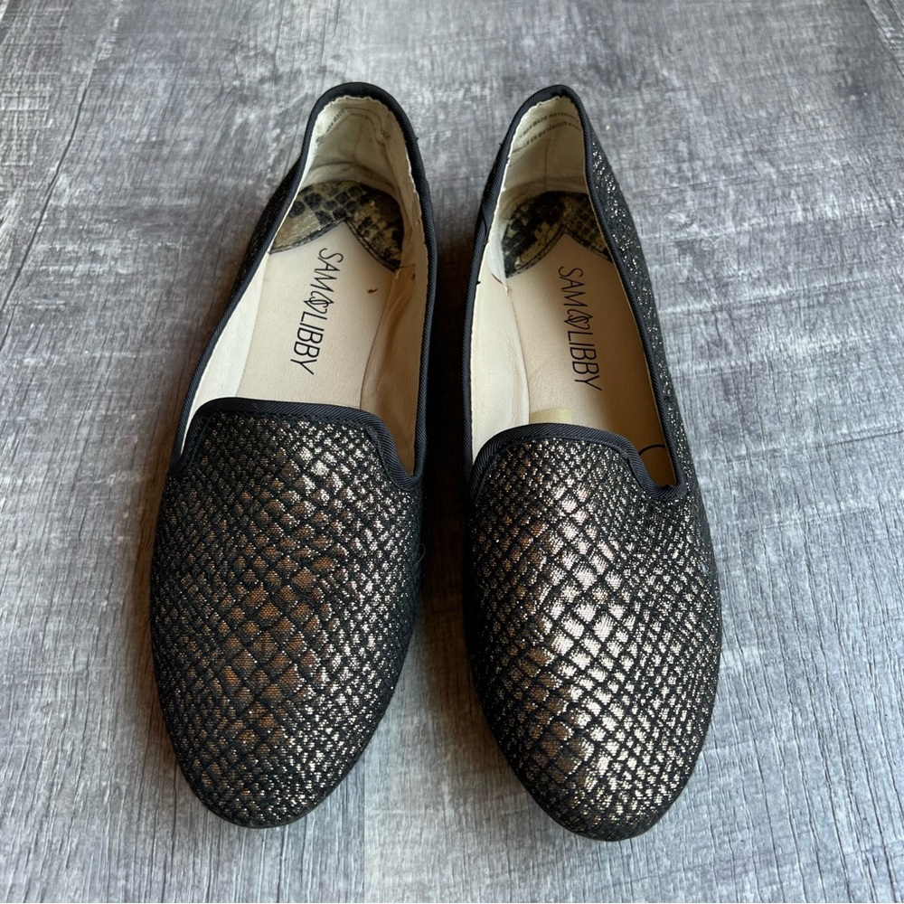 SAM LIBBY Size 6.5 Gold Black Studded Slip On Flats Glittery Fabric Womens